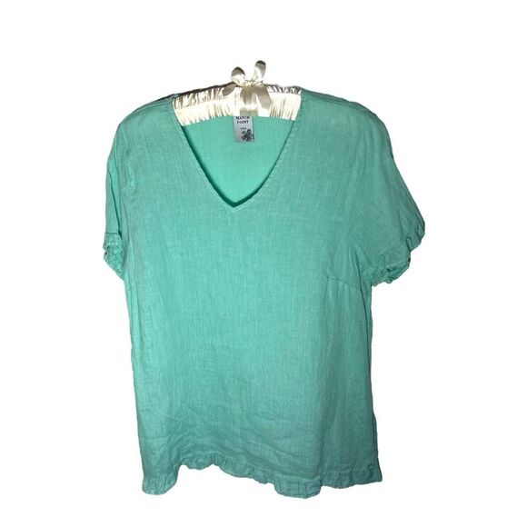 Match Point size x-Large Linen made in USA. Green V-Neck Top w/ruffles. Pastel - Picture 1 of 5